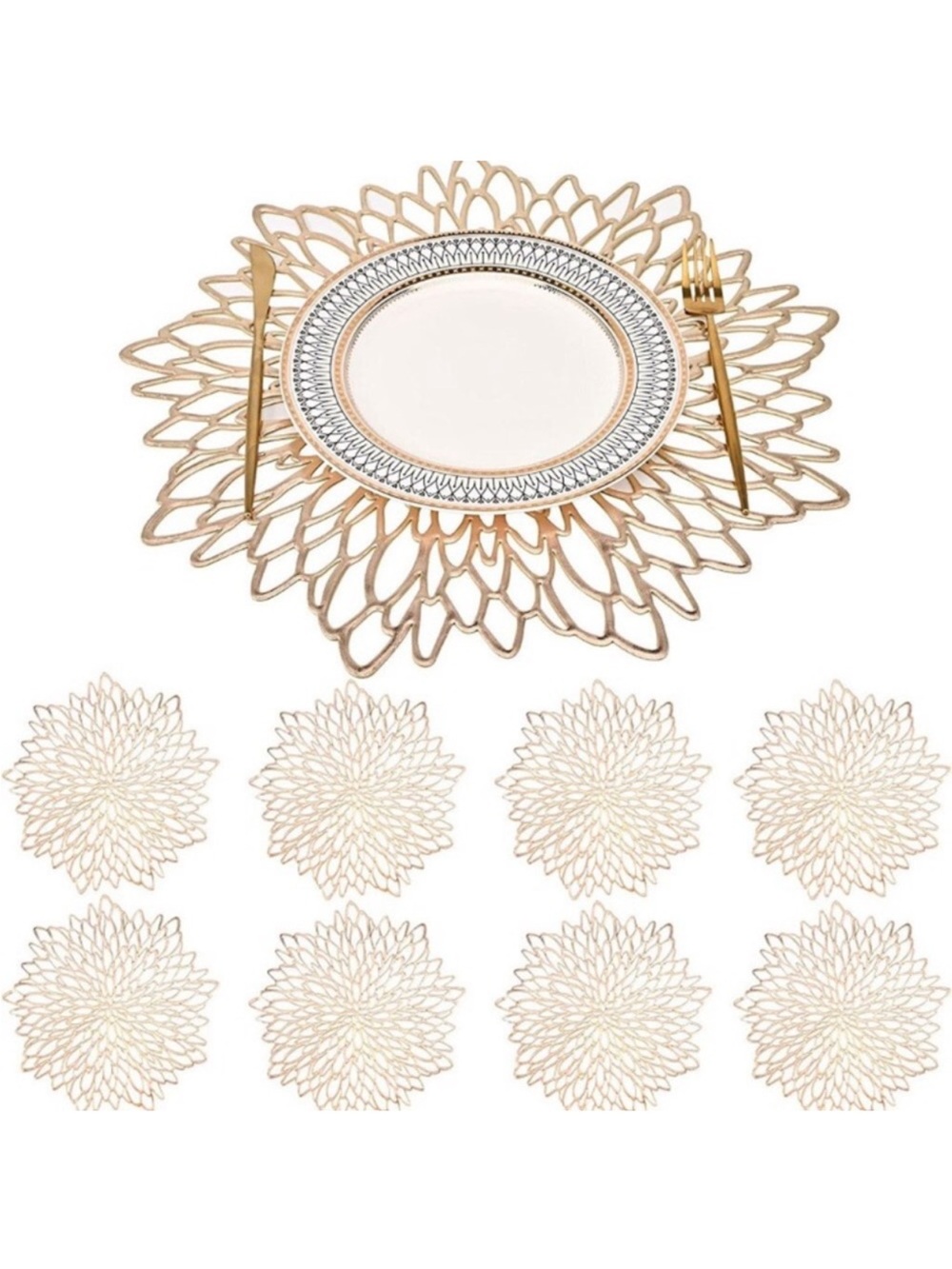 Gold Vinyl Placemats Set of 8 Round Floral Leaf Dining Modern Table Place Mats